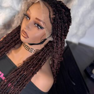 32”inches distress braids in dark burgundy with 13x4 swiss lace.