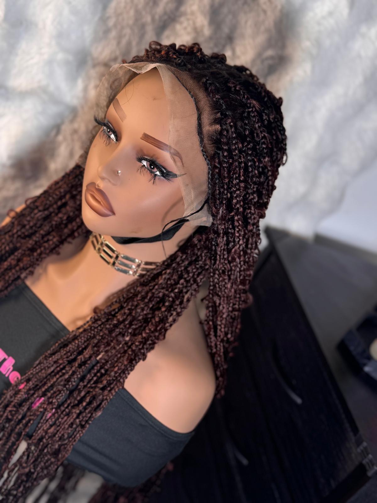 32”inches distress braids in dark burgundy with 13x4 swiss lace.